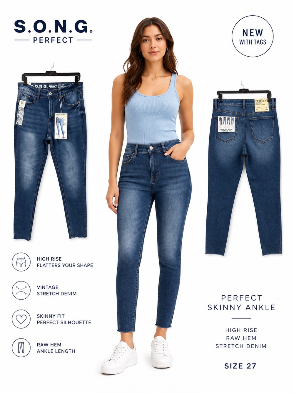 NWT S.O.N.G. Perfect High Rise Skinny Ankle Raw Hem Stretch Jeans Size 27